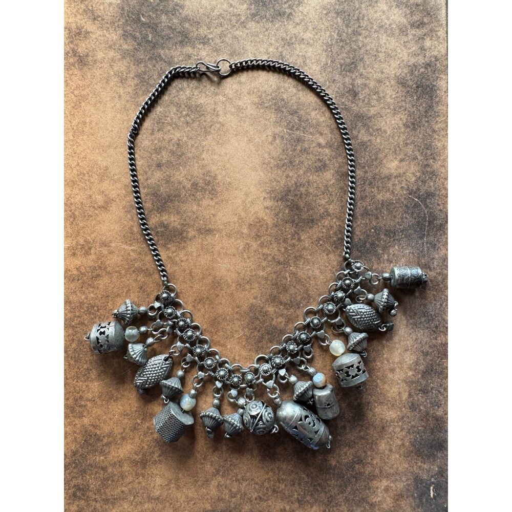 Vintage whimsigoth, SilverTone Statement Bib Necklace MultiCharm Dangle